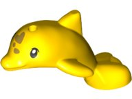 A yellow LEGO Friends style baby dolphin figure, jumping, with black eyes, upper eyelids, and gold spots pattern.