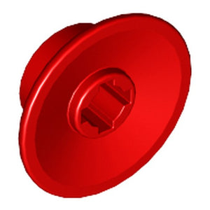 Red LEGO 50254 small train wheel with a notched center hole, shown in an angled view revealing its concave shape.