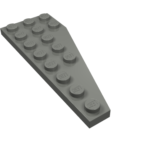 A gray LEGO Wedge, Plate 8 x 3 Pentagonal Left, seen from an angle, with 'LEGO' branding on each stud.