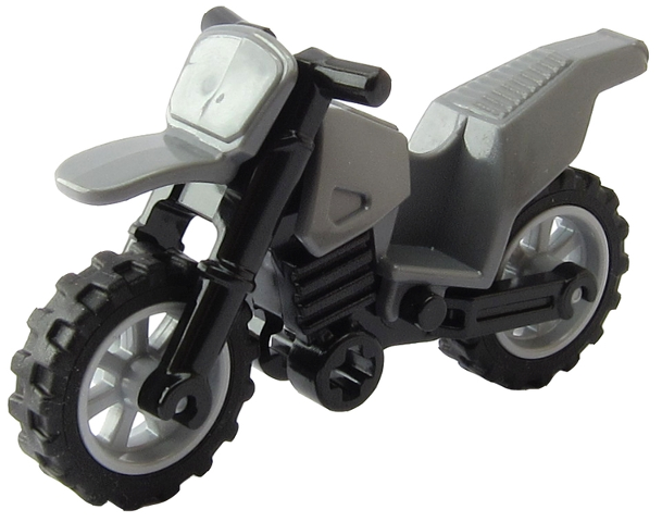 LEGO 50860c11 dirt bike with light bluish gray body, black chassis, long fairing mounts, and light bluish gray wheels.