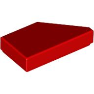 A single dark red LEGO Tile, Modified 1 x 2 Wedge Left, viewed from a slight angle on a white background.