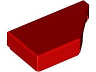 A single red LEGO Tile, Modified 1 x 2 Wedge Right part, viewed from an angle.