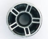 LEGO 50944pb01 wheel, 11mm D. x 6mm, with 5 black spokes and silver outlines, viewed from top.