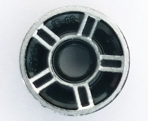 LEGO 50944pb01 wheel, 11mm D. x 6mm, with 5 black spokes and silver outlines, viewed from top.