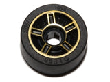 Black LEGO Wheel 11mm D. x 6mm with gold 5-spoke pattern and a smooth solid black tire, part 50944pb02c01.
