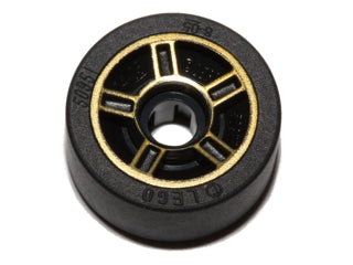 Black LEGO Wheel 11mm D. x 6mm with gold 5-spoke pattern and a smooth solid black tire, part 50944pb02c01.
