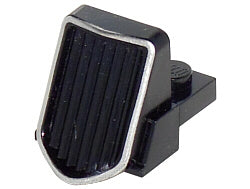 Black LEGO vehicle grille 1x2x2 2/3 sloping, with vertical ridges and a chrome outline pattern.