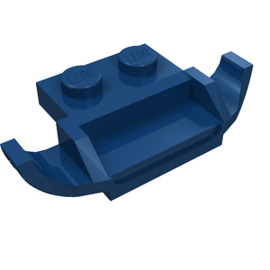 Dark blue LEGO Plate, Modified 1 x 2 with Racers Car Grille, viewed from an angle. Two studs on top.