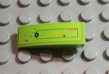 Lime green LEGO curved 3x1 slope part with rectangular outline and rusted holes pattern, on a light gray studded LEGO baseplate.