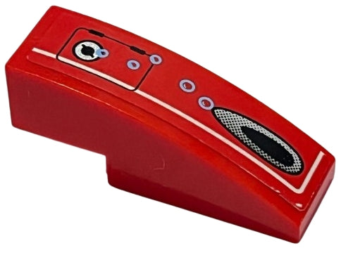 Red LEGO curved 3x1 slope with white lines, a vent hole, and purple bubbles pattern on the right side.