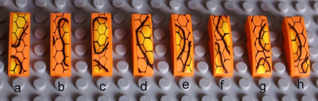 Eight orange LEGO 3x1 curved slopes with black snakeskin pattern C stickers and yellow highlights, on a grey baseplate, labeled a-h.