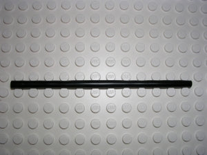 A black LEGO pneumatic hose, 4mm D. and 12L (9.6cm), laid horizontally on a white LEGO baseplate.