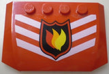 Red LEGO 4x6x2/3 triple curved wedge with four studs, featuring a central fire logo badge and white chevron stripes.