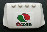 White LEGO 4x6x2/3 triple curved wedge brick with four studs, featuring an Octan logo sticker (green and red swirl and 'Octan' text).