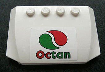 White LEGO 4x6x2/3 triple curved wedge brick with four studs, featuring an Octan logo sticker (green and red swirl and 'Octan' text).