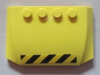 Yellow LEGO wedge 4x6x2/3 triple curved brick with four studs and black and yellow danger stripes pattern at the bottom.