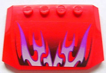 Red LEGO 4x6x2/3 curved wedge piece with a purple, red, and white flame pattern.