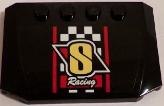 Black LEGO 4x6 triple curved wedge piece with four studs, featuring an 'S Racing' logo with yellow S, red stripes, and white checkered flag pattern.