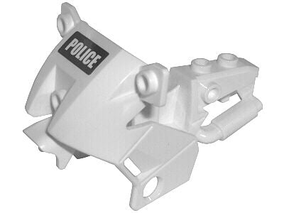 White LEGO motorcycle fairing, part 52035pb06, with 'POLICE' on a black background sticker, from sets 7235 and 7237.