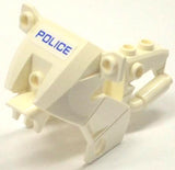 White LEGO motorcycle fairing part 52035pb12 with a blue 'POLICE' sticker, from sets 60041 and 60047.