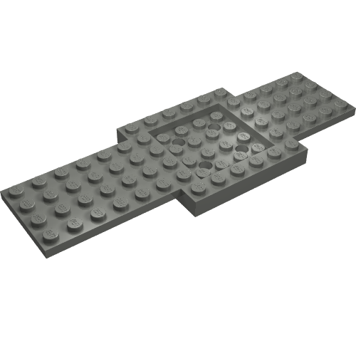 Grey LEGO 52037 vehicle base plate, 6x16 with a 4x4 recessed center and four holes.