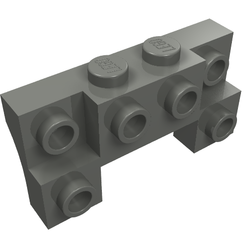 Dark gray LEGO brick, modified 2x4-1x4, with 2 recessed studs and thick side arches, part 52038.