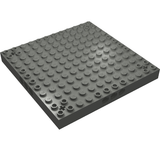 LEGO 52040, a dark grey 12x12 plate with studs, 3 pin holes on each side, and axle holes in corners.