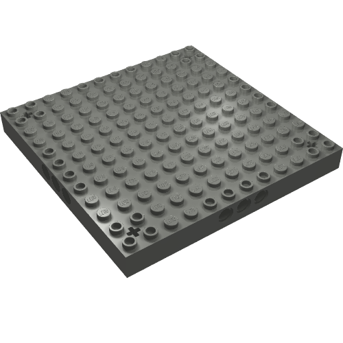 LEGO 52040, a dark grey 12x12 plate with studs, 3 pin holes on each side, and axle holes in corners.