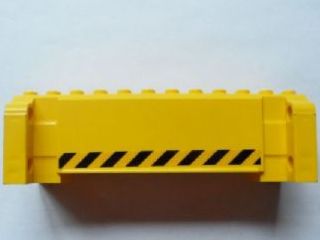 Yellow LEGO 52041pb003 crane section 4x12x3 with 8 pin holes and black danger stripes pattern.