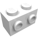 White LEGO 1x2 modified brick with two studs on top and two studs on one long side.