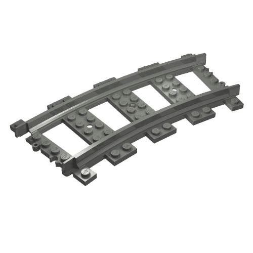 A single curved grey plastic LEGO train track piece, part of the RC Trains series, shown from an angled perspective.