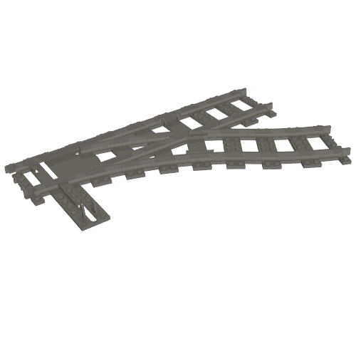Dark gray LEGO plastic train track right switch point, showing the divergent rail paths.