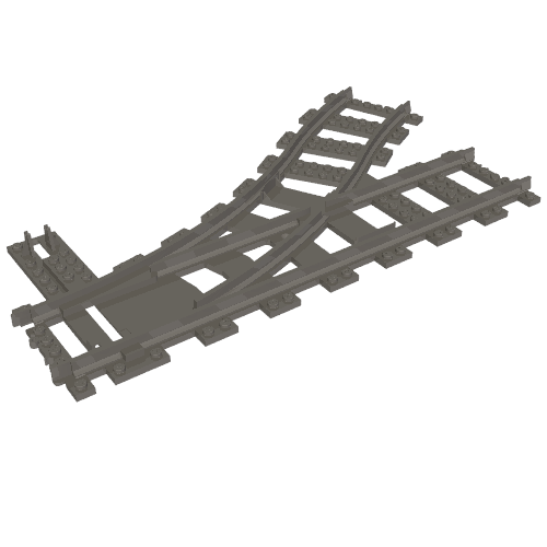 A dark gray LEGO train track left switch point (53407), showing a straight track and a curved track diverging left.