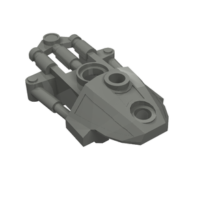 Grey LEGO Bionicle Toa Inika Thigh Cover, a complex part with pin holes and axle connections.