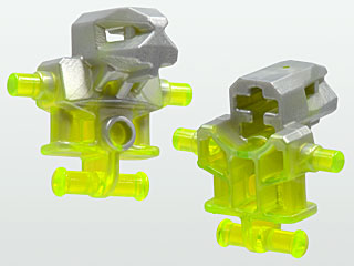 Two LEGO Exo-Force robot torso/head parts (53988pb01), trans-neon green with pearl light gray heads, front and back views.