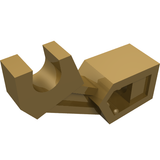 Tan LEGO 53989 mechanical arm with a curved clip on one end and a ball joint socket on the other.