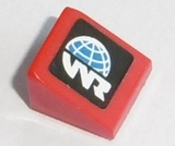 Red LEGO Slope 30 1x1x2/3 brick with a black square featuring a blue globe and white 'WR' World Racer logo.
