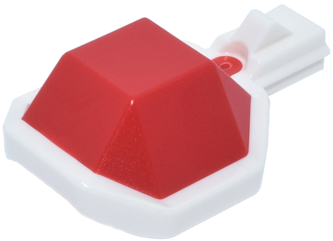 Red pyramidal LEGO projectile shell 2x2 with white molded bottom and white launch attachment.