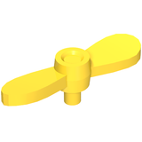 Yellow LEGO minifigure propeller with two tiny twisted blades and a small pin, part 54568.