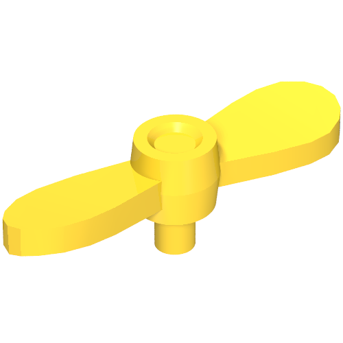 Yellow LEGO minifigure propeller with two tiny twisted blades and a small pin, part 54568.
