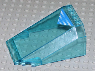 Trans-light blue LEGO Windscreen 8 x 6 x 3 Wedge with blue and white stripes on a triangle sticker, on a grey baseplate.