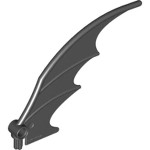 Dark gray LEGO Dragon Wing part, measuring 8 x 10, with a connector at the base, shown against a white background.