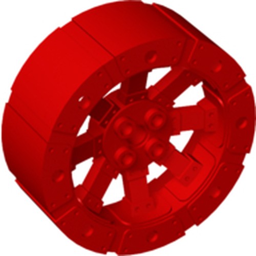 3D rendering of a red LEGO 55817 Wheel Wagon Viking, 55mm diameter, with 12 holes and a central hub.