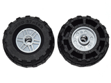 Two LEGO 55981c04 wheels with black 37x18R tires. Front view shows silver hubcap with fake bolts; back view shows wheel structure.