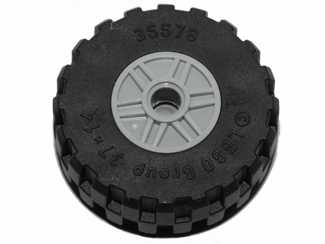 Black LEGO tire with light gray hub, showing part numbers 35578, dimensions 37x14, and LEGO GROUP text.