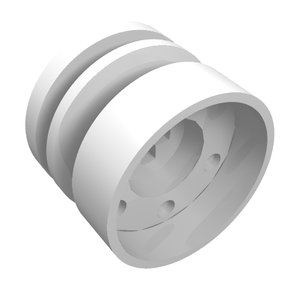 White LEGO Wheel part 55982, 18mm D. x 14mm, with axle hole, fake bolts, and shallow spokes.