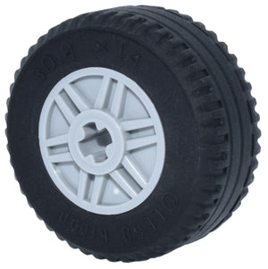 Black LEGO 30.4x14 solid tire on a light gray 18x14mm wheel hub with axle hole, fake bolts, and shallow spokes.