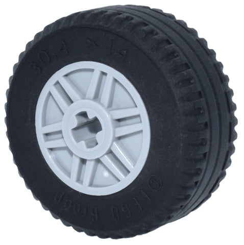 Black LEGO 30.4x14 solid tire on a light gray 18x14mm wheel hub with axle hole, fake bolts, and shallow spokes.