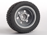 LEGO wheel 56145c01 with dark gray reinforced rim and black 43.2 x 22 ZR tire, showing hub detail.