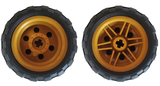 Two yellow-hubbed LEGO wheels with black tires, one plain and one spoked.